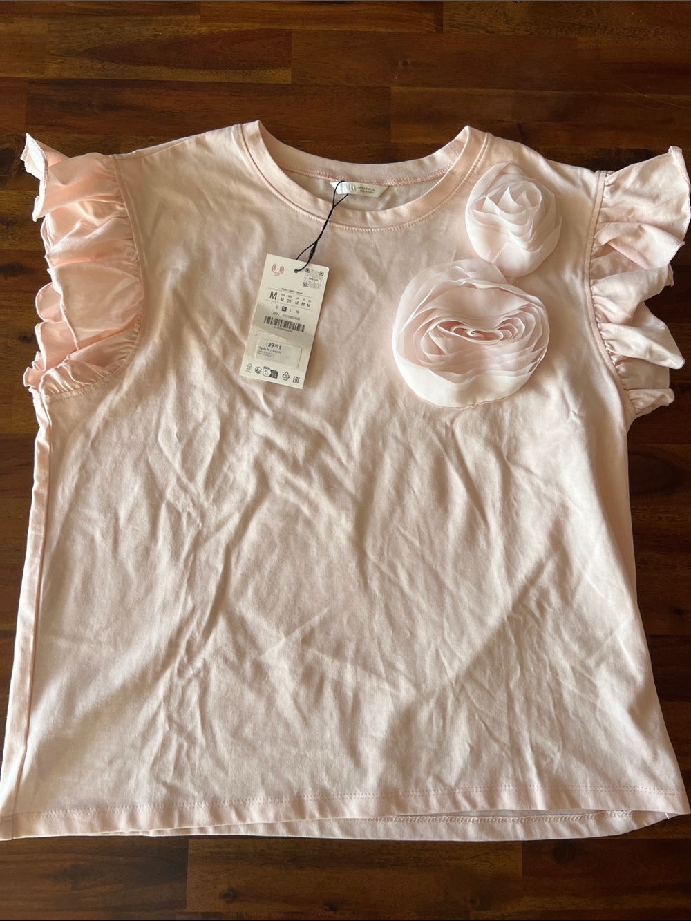 Zara Pale Pink Short Sleeve Tee with Floral Rosettes